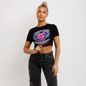 Women's Crop Top Black Short Sleeve <b>Y2K</b> Print Crew Neck 100% Cotton Jersey Loose Fit Breathable Spring Summer Casual T-<b>Shirt</b> - Product Image 3