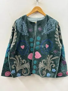 Bohemian Soft <b>Velvet</b> Suzani Embroidered <b>Jacket</b> with Floral And Heart Pattern Full Sleeve O-Neck <b>Women's</b> Winter Outerwear - Product Image 4