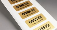 Autocollants personnalisés en feuille d'or, finition brillante, papier imperméable, certifiés RoHS pour l'électronique grand public - Logo noir