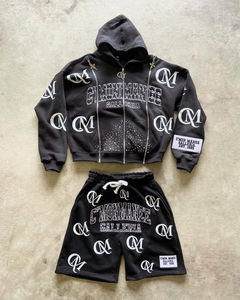 Ensemble de survêtement homme personnalisé coupe classique, sweat à capuche zippé en molleton bouclette délavé à l'acide style vintage et short - Product Image 6