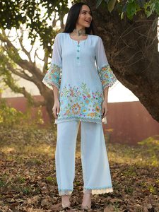Conjunto de Kurti Bordado de Manga Larga para Mujer, Atuendo Floral Transpirable de Tela Mul Chanderi para Eid, Ramadán, Fiestas y Bodas - Product Image 3