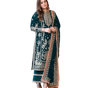 Conjunto de Salwar Kameez bordado para mujer, largo, hecho a mano, con estampado floral, bordado elegante, estilo tradicional de Pakistán e India. - Product Image 1