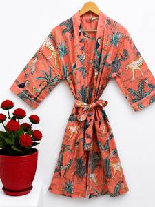 Bata Kimono de Algodón con Estampado Floral Rosa para Mujer, Larga, Cuello en V, Manga 3/4, Cierre con Cordón, Transpirable, Ropa de Dormir Casual de Lujo - Product Image 4