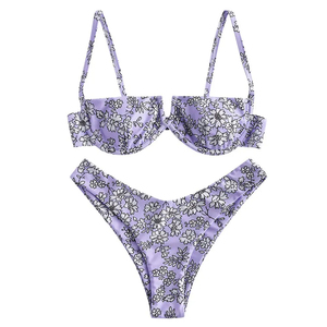 Women's Floral Print Bikini Set <b>Bandeau</b> Top Thong Bottom Stretch Swimwear Purple Patterned Two Piece Swimsuit - Product Image 1