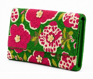 Beaded Floral Clutch Green Pink Flowers Embroidery Women's Evening Wedding Handbag Elegant Party Clutch - Product Image 3