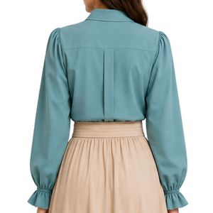 Conjunto de Blusa Bordada y Falda Maxi para Mujer en Verde Mar y Beige, Manga Larga, Cierre de Botones, Cintura Alta, con Cinturón, Estilo Modesto, OEM - Product Image 4