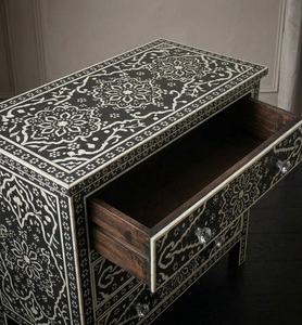 Table de rangement moderne en os incrusté avec détails en agate, meuble de présentation en bois à trois niveaux style Shaker, meuble de salon portable - Product Image 5