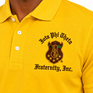 Polo jaune pour homme iota-phi-theta, broderie du logo de la fraternité, manches courtes, col classique, trois boutons, décontracté, style grec - Product Image 6