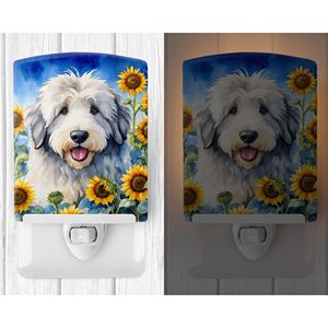 Viejo perro pastor inglés girasoles luz de noche de cerámica nueva certificación UL compacta 6x4x3 Multicolor para dormitorio baño guardería - Product Image 2
