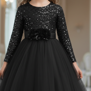 Robe de Demoiselle d'Honneur Noire à Paillettes pour Mariage, Robe de Soirée de Luxe en Velours Brodé pour Enfants, Tenue Formelle pour Anniversaire 2026 - Product Image 4