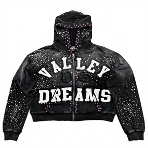 เสื้อฮู้ดดี้ Valley Dreams ประดับเพชรเทียม แบบซิปสำหรับผู้ชาย ทรงโอเวอร์ไซส์ สไตล์สตรีทแวร์ ผ้าฟลีซ สีดำ มีฮู้ด แขนยาว ใส่ได้ในฤดูใบไม้ร่วง - Product Image 1