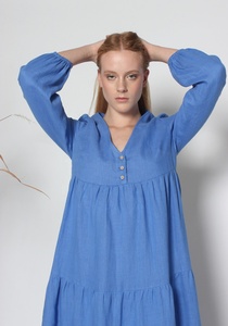New Arrival Maternity Cotton V-neck Formal Maxi Tiered Kaftan <b>Dress</b> Long Sleeved Eco-Friendly in Cornflower Blue - Product Image 2