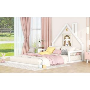 Letto per bambini a grandezza naturale bianco con testiera a forma di casetta, concetto pavimento in legno - Product Image 4