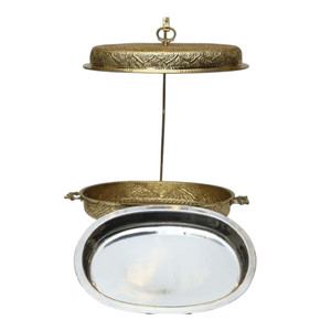 Recipiente para calentar comida de lujo, ovalado, de latón macizo, con soporte, diseño artesanal, para buffet de hotel, con tapa redonda, para fiestas. - Product Image 3