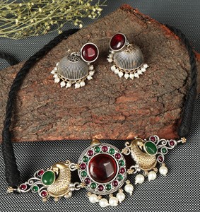 Conjunto de Collar y Pendientes con Motivo de Pavo Real, Chapado en Oro de Dos Tonos Oxidado, Estilo Antiguo, para Mujer, Joyería Tradicional de Templo - Product Image 3