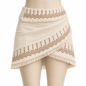 Artisan Embroidered <b>Wrap</b> Mini Skirt | Womens Boho Fringe Geometric Cotton Skirt Adjustable Waist <b>Beach</b> Vacation Casual Day Wear - Product Image 1
