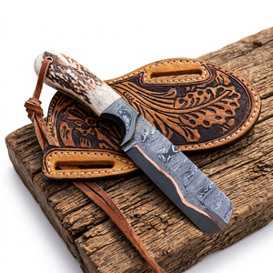 Cuchillo de desollar Jexmoo personalizado hecho a mano de acero de cobre de Damasco de 9 pulgadas con punta caída, mango de asta de 0.5mm de grosor, funda de cuero, duradero - Product Image 6