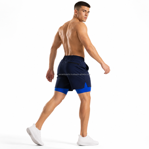 Custom Embroidered Logo <b>Layered</b> Workout Shorts Soft Microfiber Blend Spandex Inner Liner Back Zipper Pocket OEM Sports New - Product Image 2