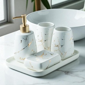 Luxury Ceramic Bathroom Set 4-Piece Green Marble Soap Dispenser <b>Toothbrush</b> <b>Holder</b> Tray Rectangle Easy To Clean - Product Image 2