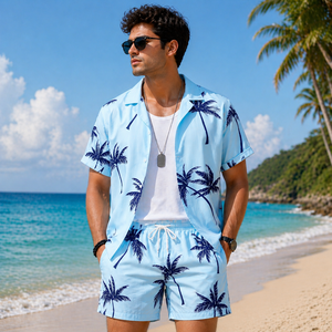Sky Blue Men's Casual Summer Shirt 320Gram Breathable Anti-Pilling Satin Fabric ShortSleeve Floral Printed Design satin100%poly - Product Image 1