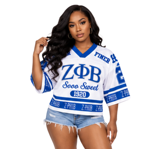 Camiseta Corta de Fútbol Americano Zeta Phi Beta para Mujer, Blanca y Azul Rey, Sooo Sweet 1920, Malla, Cuello en V, Manga Corta, Letras Griegas, Top de Sororidad - Product Image 1