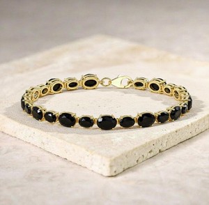 Oval Cut Black Onyx Stone <b>Charm</b> Bracelet in 925 Sterling <b>Silver</b> Gold Plated Luxury Handmade Fine Jewelry Gift for Women - Product Image 1