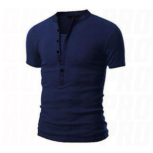 T-shirt Henley à manches courtes bleu marine pour homme, coupe ajustée, tricoté, couleur unie, col en V, patte de boutonnage, doux et respirant - Product Image 1
