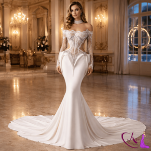 Robe de mariée sirène en dentelle blanche |   Robe de mariée élégante à épaules dénudées, manches longues, design corset ajusté, longueur ras du sol - Product Image 1