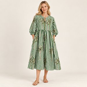 Green Striped Tropical Palm Print Boho Midi <b>Dress</b> With Puff Sleeves And Pockets <b>Loose</b> Fit A-Line Summer Casual <b>Dress</b> - Product Image 1