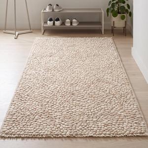 Alfombra Exclusiva Tejida a Mano de Lana Crema Beige, Texturizada con Bucle, Pelo Medio, Moderna, para Sala de Estar, Dormitorio, Entrada, Decoración - Product Image 1