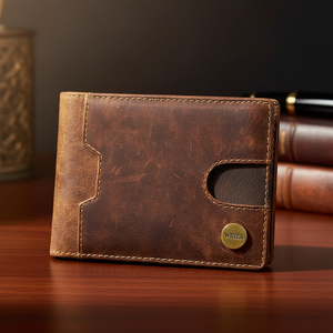 WRIZA Men's Short Bifold Genuine Leather <b>Wallet</b> RFID Blocking 9 Card Slots <b>Metal</b> Money Clip Zipper Coin Pocket Vintage Brown - Product Image 1