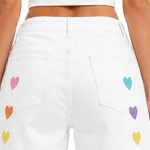 White <b>Rainbow</b> Heart Embroidered Women Denim Shorts High Waist Casual Loose Fit Rolled Hem Cotton Summer Fashion Jeans Shorts - Product Image 6
