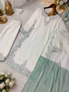Conjunto de satén de seda con bordado de diseñador y trabajo de lentejuelas, top con pantalón y dupatta, completamente cosido y listo para usar. - Product Image 6