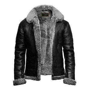 Veste en cuir d'aviateur pour homme en peau de mouton avec col en fourrure, ceinture ajustable à la taille, fermeture éclair robuste, bomber classique, chaud pour l'hiver - Product Image 1