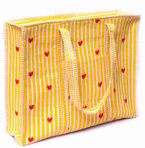 Sac fourre-tout matelassé à imprimé cœurs jaunes, sac fourre-tout en coton fait main, sac de plage rayé, grand sac de shopping, sac de voyage polyvalent - Product Image 1