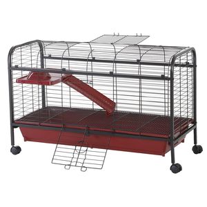 Cage pour petits animaux de 41 pouces pour lapins, cochons d'Inde, furets - Rouge/Noir, maisonnette pour animaux de compagnie avec roulettes, plateforme et rampe pour petits animaux - Product Image 1