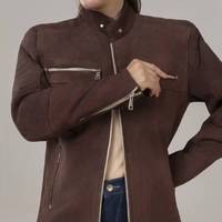 Veste en cuir suédé marron pour femme Carolyn - Col montant respirant, fermeture éclair, hiver - Veste en cuir marron