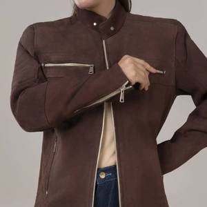 Carolyn Womens <b>Suede</b> Brown Leather <b>Jacket</b>-Breathable Stand-Up Collar Zipper Closure Winter - Leather <b>Jacket</b> Brown - Product Image 3