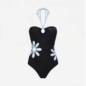 NORMA APPAREL Women's Black One-Piece Swimsuit With Light Blue Daisy Appliques Halter Neckline Stretch Fabric - Product Image 1