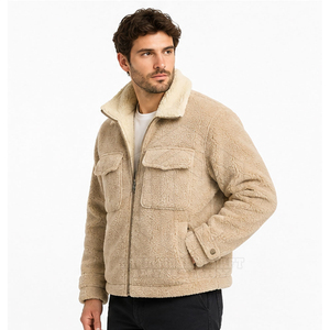 Custom <b>Mens</b> Beige Sherpa Trucker <b>Jacket</b> Turn-down Collar Double Chest Flap Pockets Full Zip Casual <b>Thick</b> Winter <b>Fleece</b> Outerwear - Product Image 5