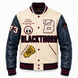 Blouson universitaire pour homme en laine avec manches en cuir, logo brodé, style veste de sport, doublure matelassée, idéal pour l'hiver, vente en gros - Product Image 5