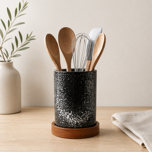 Porte-ustensiles en céramique grès de qualité supérieure, émaillé noir moucheté, cuit à haute température, épais, durable et résistant à la chaleur, pour comptoir de cuisine - Product Image 1