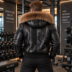 Men Premium Snake Skin Bomber Outerwear with Fox <b>Fur</b> <b>Hood</b> Fashion Motorcycle <b>Jacket</b> | Herren Lederjacke | Chaqueta Hombre Cuero - Product Image 6