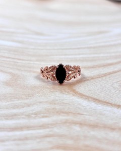Black Onyx Ring 925 Sterling Silver 14K Rose Gold Plated <b>Leaf</b> Flower Nature Inspired Women Engagement Fashion Jewelry - Product Image 4