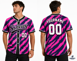 Maillot de baseball personnalisé Sinewy rose et bleu marine rayé, sublimé, unisexe, adulte, manches courtes, séchage rapide, boutons sur le devant - Product Image 6