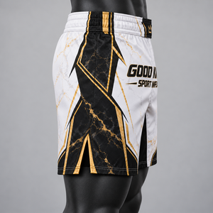 Sublimated Velcro Waist <b>Shorts</b> Marble White <b>Black</b> Gilded Trim Crown Emblem Split Hems Lightweight Polyester <b>Mens</b> Sports Team Kit - Product Image 3