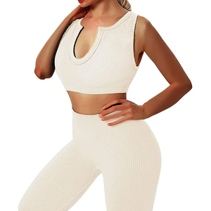 Women Ribbed Yoga Set Sleeveless Crop Top High Waist <b>Leggings</b> Full Length 2 Piece Activewear Seamless Stretch <b>White</b> - Product Image 6