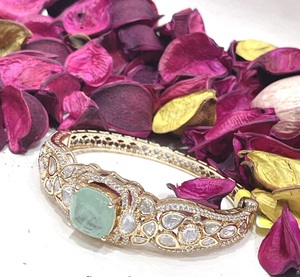 <b>Silver</b> Plated <b>Cuff</b> <b>Bracelet</b> With Jade Stone And Diamond Accents Women's Classic Jewelry Gift - Product Image 4