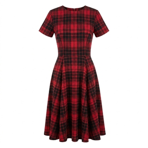 Vestido midi casual de verano transpirable a cuadros rojos y negros de manga corta con corte acampanado para mujer - Product Image 1