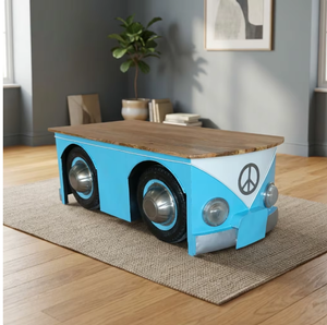 Table basse Volkswagen reproduite, fabriquée à partir de métal et de bois de véhicule, 120x60x45cm, mobilier industriel automobile vintage - Product Image 1